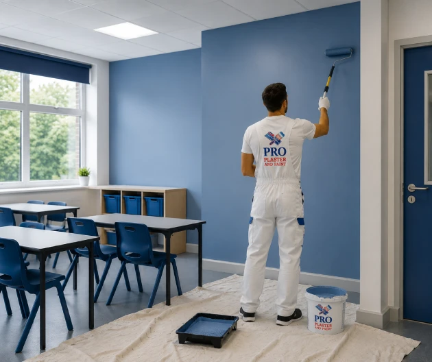 Professional school painting and decorating in London with painter applying durable blue finish in a modern British classroom