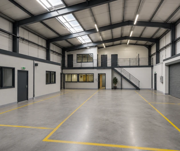 Industrial warehouse painting and refurbishment project in London with freshly painted walls, mezzanine offices and specialist commercial finishes